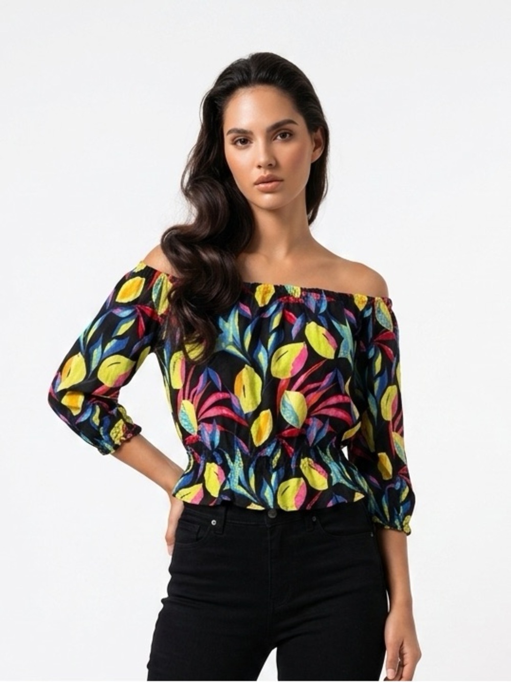 Tabitha Brown Target Tropical Leaf Off The Shoulder Crop Top Blouse Black Large